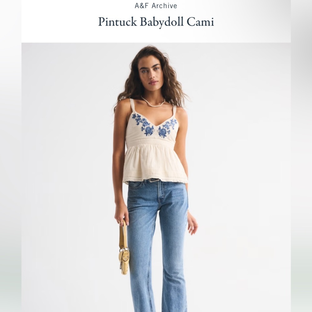 NWT Abercrombie Cream Pintuck Babydoll Cami with Blue Floral Embroidery